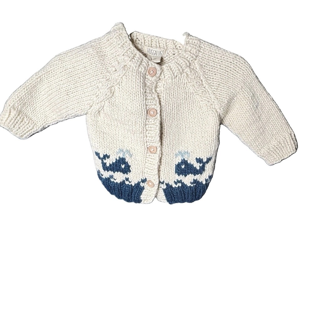 Huggalugs Whale Cardigan Baby Toddler 2-3T Hand Knit Sweater EUC